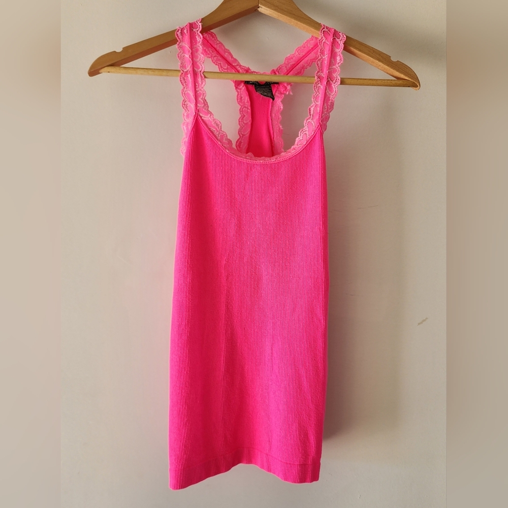 Soho Girls Bright Pink Ribbed Racerback Tank Size OS Super Stretchy Lace Straps